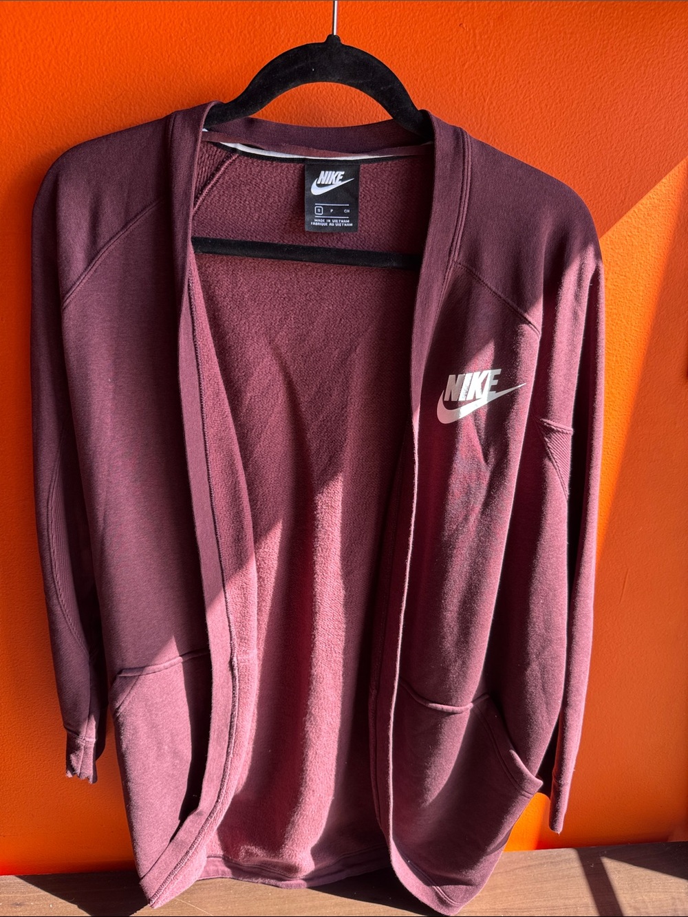 Nike Women's Open-Front Maroon Jacket with White Logo